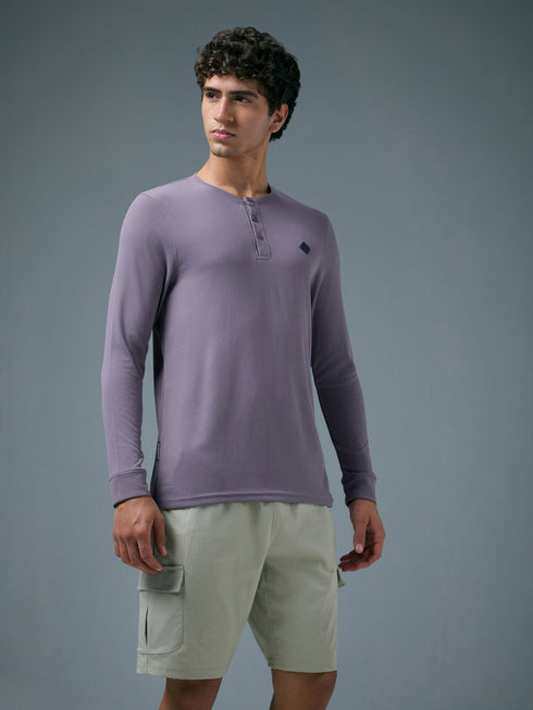 Men Self Design Slim Fit Henley Neck Sports T-Shirt with TECHNOCOOL+