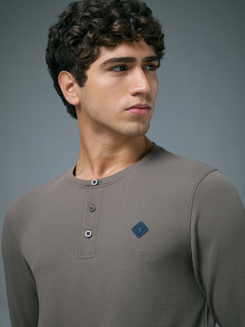 Men Self Design Slim Fit Henley Neck Sports T-Shirt with TECHNOCOOL+