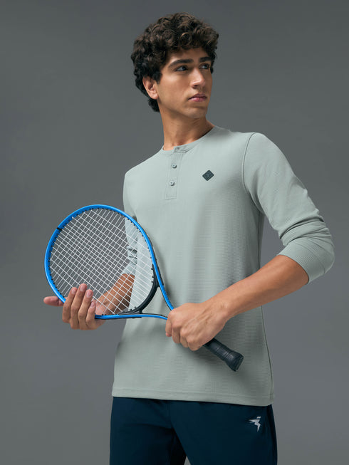 Men Self Design Slim Fit Henley Neck Sports T-Shirt with TECHNOCOOL+