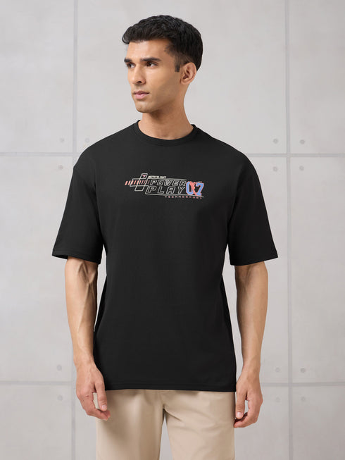 Men Round Neck Typography Printed Active Out Slim Fit T-Shirt with ELASTOPLUS