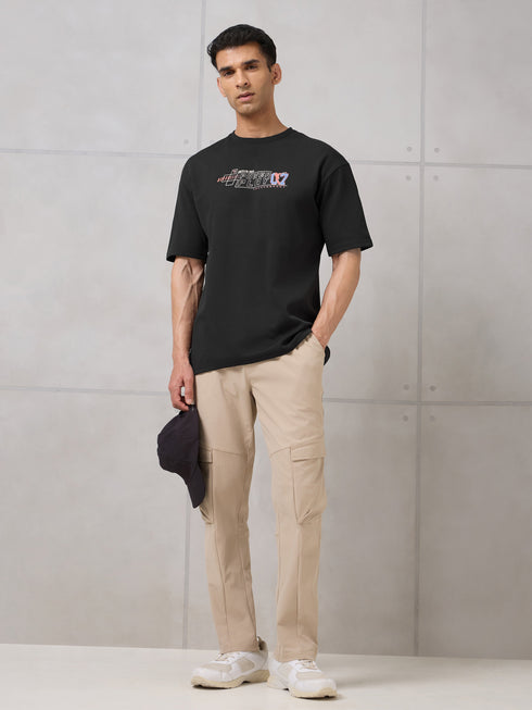 Men Round Neck Typography Printed Active Out Slim Fit T-Shirt with ELASTOPLUS