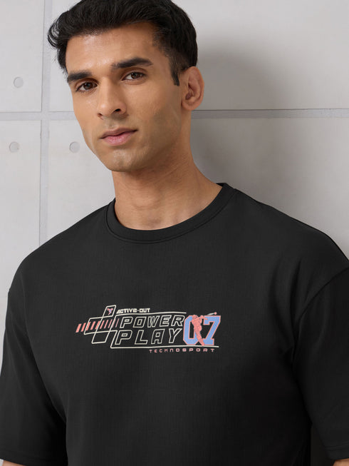 Men Round Neck Typography Printed Active Out Slim Fit T-Shirt with ELASTOPLUS