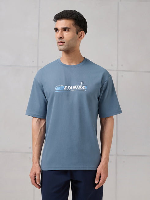 Men Round Neck Typography Printed Active Out Slim Fit T-Shirt with ELASTOPLUS