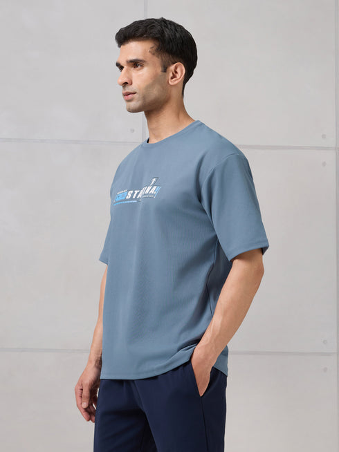 Men Round Neck Typography Printed Active Out Slim Fit T-Shirt with ELASTOPLUS