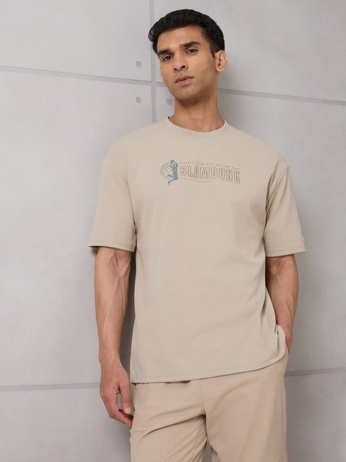Men Round Neck Typography Printed Active Out Slim Fit T-Shirt with ELASTOPLUS