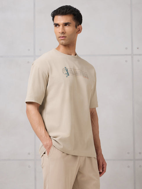 Men Round Neck Typography Printed Active Out Slim Fit T-Shirt with ELASTOPLUS