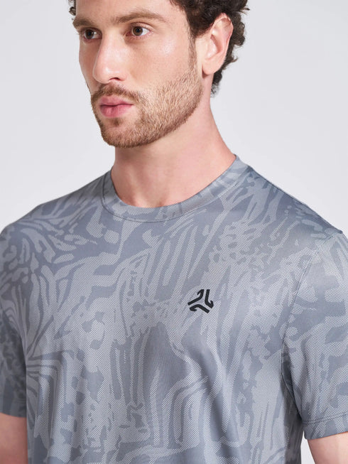 Men's Grey Printed Round Neck T-Shirt