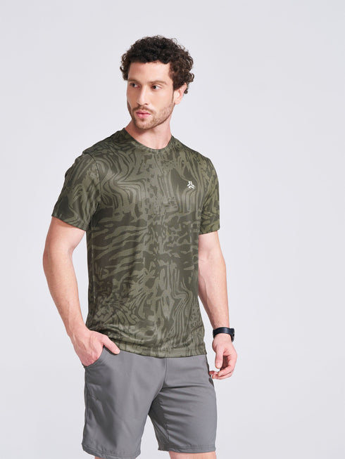 Men's Olive Printed Round Neck T-Shirt