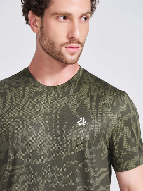 Men's Olive Printed Round Neck T-Shirt