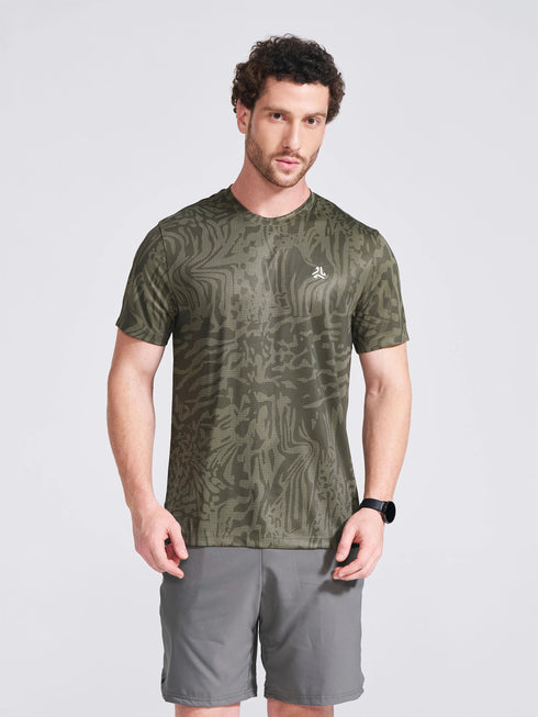Men's Olive Printed Round Neck T-Shirt