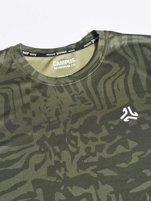 Men's Olive Printed Round Neck T-Shirt