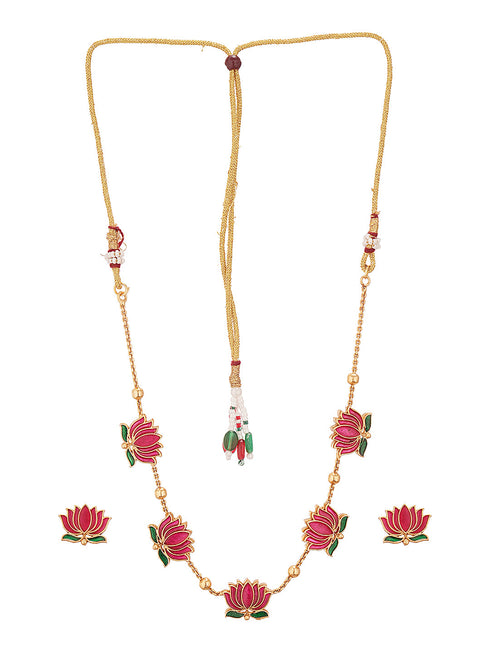 Elegant Lotus Motif Gold-Plated Necklace & Earrings Set
