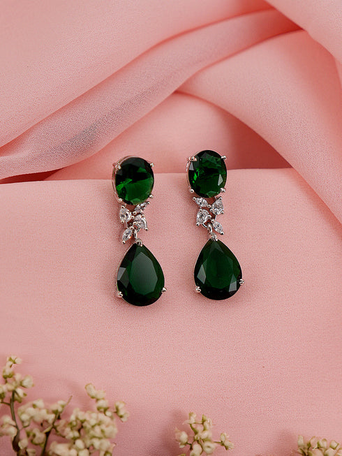 Silver Toned Emarald Green Studded Luxe Statement Drop Earrings