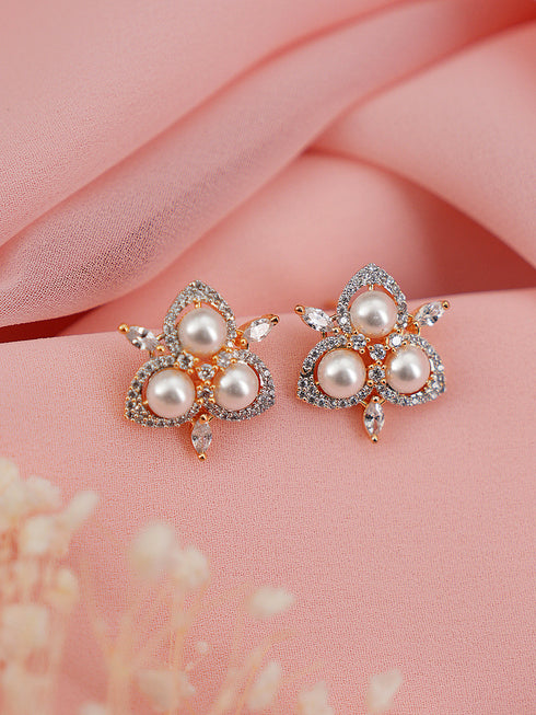 Dual Gold Toned AD & Pearl Studded Flower Delicate Studds Earrings