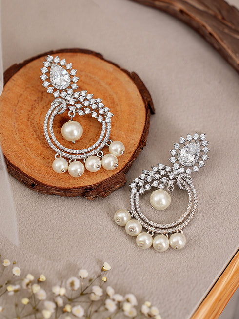 Silver Toned AD & Faux Pearl Studded Designer Chandelier Chandbali Dropdown Earrings