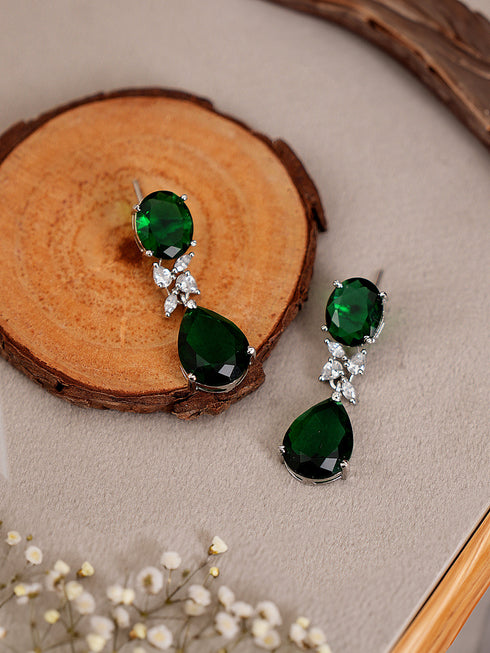 Silver Toned Emarald Green Studded Luxe Statement Drop Earrings