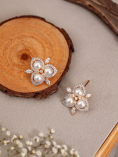 Dual Gold Toned AD & Pearl Studded Flower Delicate Studds Earrings