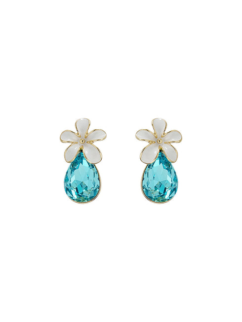 Floral White Enamel & Blue Teardrop Pendant Necklace & Earrings Set