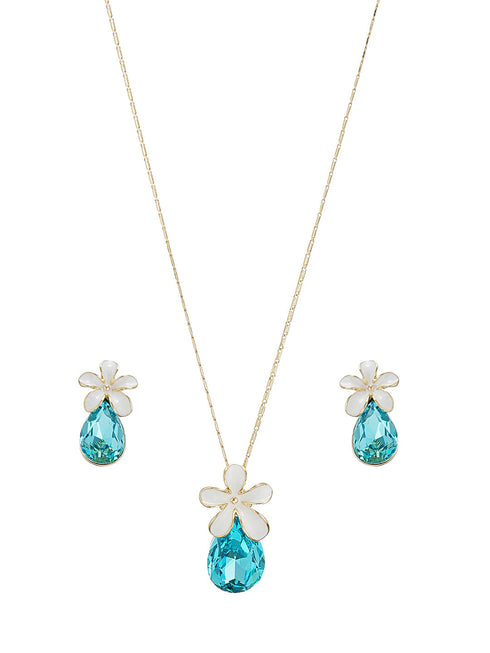 Floral White Enamel & Blue Teardrop Pendant Necklace & Earrings Set
