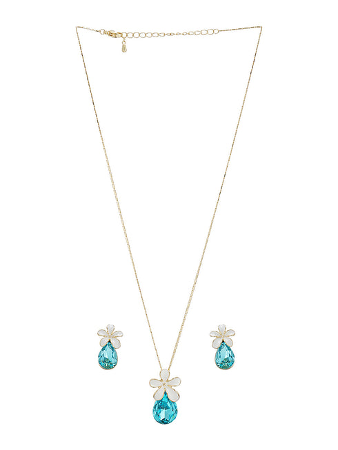Floral White Enamel & Blue Teardrop Pendant Necklace & Earrings Set