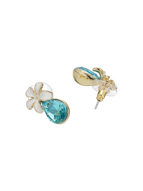 Floral White Enamel & Blue Teardrop Pendant Necklace & Earrings Set