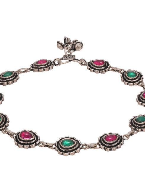 Set of 2 Silver Oxidised Ruby Red & Green Stone Studded Minimal Bridal Dailywear Anklet Payal