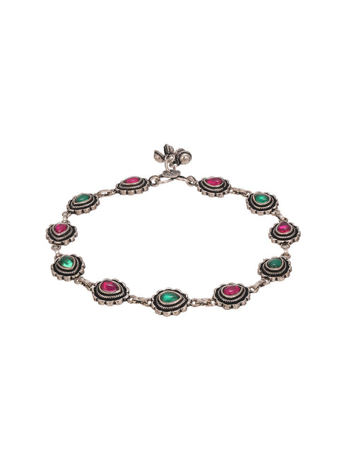 Set of 2 Silver Oxidised Ruby Red & Green Stone Studded Minimal Bridal Dailywear Anklet Payal