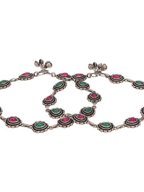 Set of 2 Silver Oxidised Ruby Red & Green Stone Studded Minimal Bridal Dailywear Anklet Payal