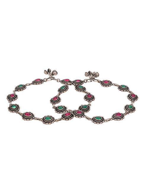 Set of 2 Silver Oxidised Ruby Red & Green Stone Studded Minimal Bridal Dailywear Anklet Payal