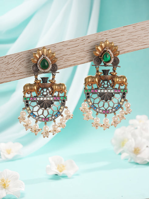 Antique Gold Oxidised Emerald Green Stone & Pearl Beaded Nandi Motif Tribal Contemporary Chandbali Dangler Earrings
