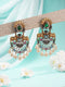 Antique Gold Oxidised Emerald Green Stone & Pearl Beaded Nandi Motif Tribal Contemporary Chandbali Dangler Earrings
