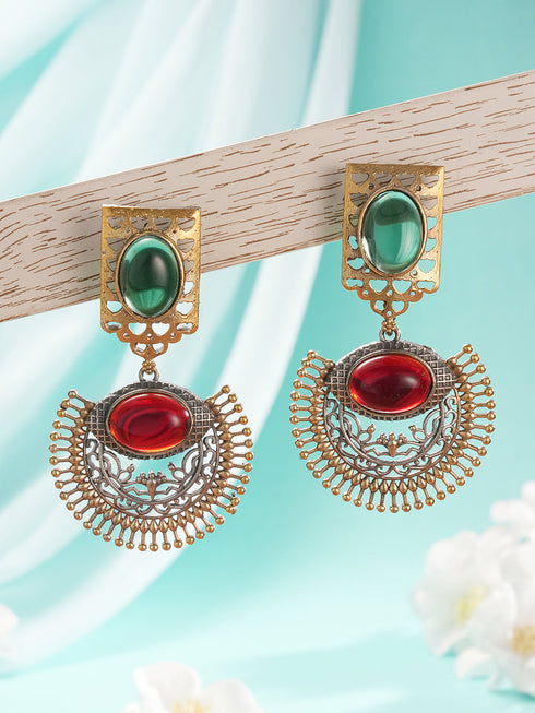 Antique Gold-Toned Dual Red & Green Stone Engraved Handcrafted Dangler Earrings
