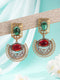 Antique Gold-Toned Dual Red & Green Stone Engraved Handcrafted Dangler Earrings