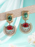 Antique Gold-Toned Dual Red & Green Stone Engraved Handcrafted Dangler Earrings