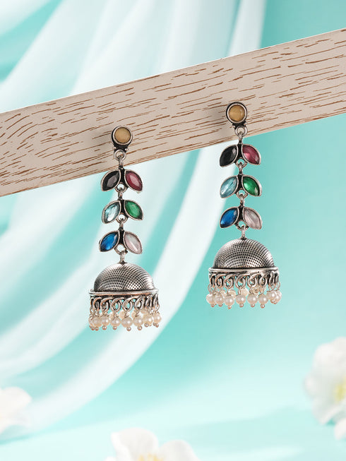 Oxidised Silver Toned Multicolored Handcrafted Leaf Design Dangler Minimal Jhumka Earrings