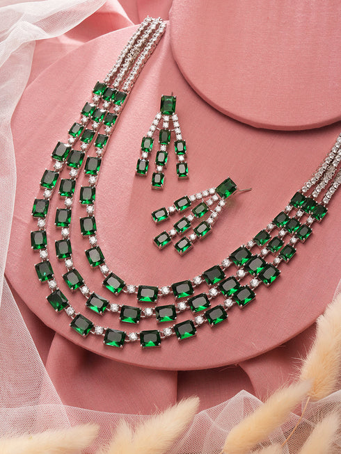 Silver Plated Emerald Green AD Studded Layered Statement Necklace Jewellery Set