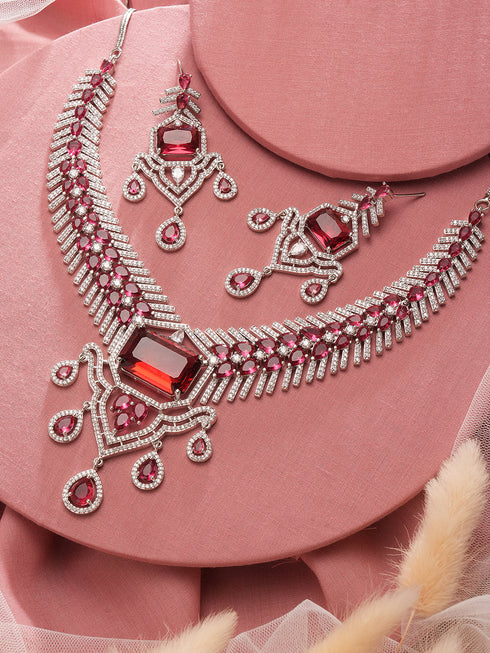 Silver Plated Ruby Red AD Studded Statement Royal Necklace Jewellery Set