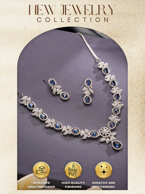 Silver Toned Sapphire Blue AD Studded Floral Delicate Statement Jewellery Set