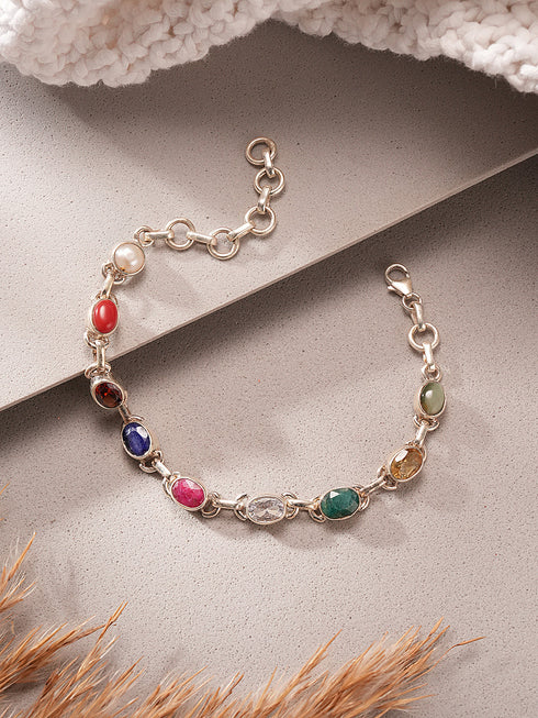 925 Silver Navratna Natural Gemstones Studded Handmade Minimal Delicate Charms Adjustable Bracelet