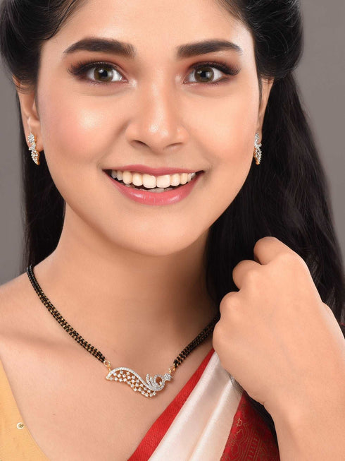 Gold Plated Black & White AD Studded & Beaded Mangalsutra Earrings