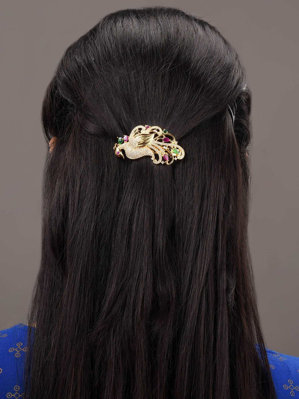 Gold Plated Red & Green Peacock Hair Claw Clip