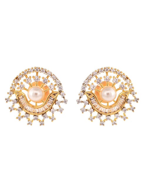Gold Plated Black & White AD Studded & Beaded Mangalsutra Earrings