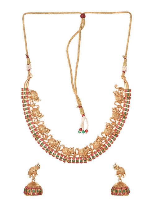 Gold Plated Kemp stone studded Pearl Beaded elephant motif Temple Jewellery Set