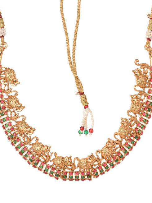 Gold Plated Kemp stone studded Pearl Beaded elephant motif Temple Jewellery Set
