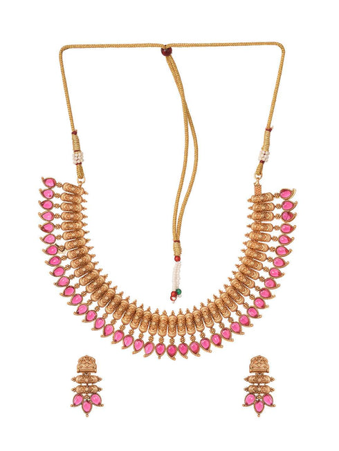 Gold Plated Red stone studded Handcrafted Leaf design Temple Jewellery Set