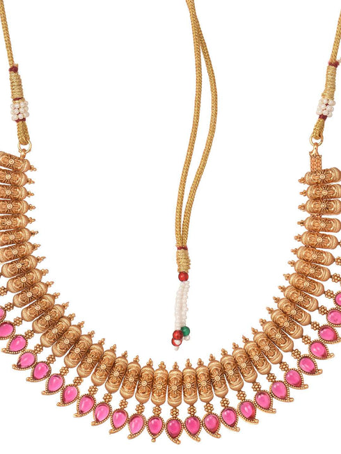 Gold Plated Red stone studded Handcrafted Leaf design Temple Jewellery Set