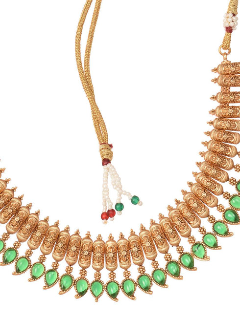 Gold Plated Green stone studded Handcrafted Leaf design Temple Jewellery Set