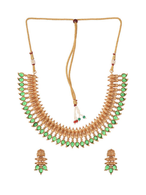Gold Plated Green stone studded Handcrafted Leaf design Temple Jewellery Set