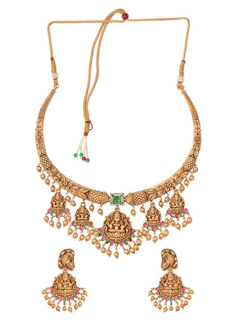 Gold Plated Multi stone studded Pearl beaded Handcrafted Temple Jewellerey Set