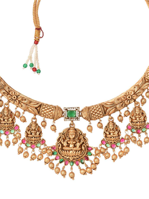 Gold Plated Multi stone studded Pearl beaded Handcrafted Temple Jewellerey Set